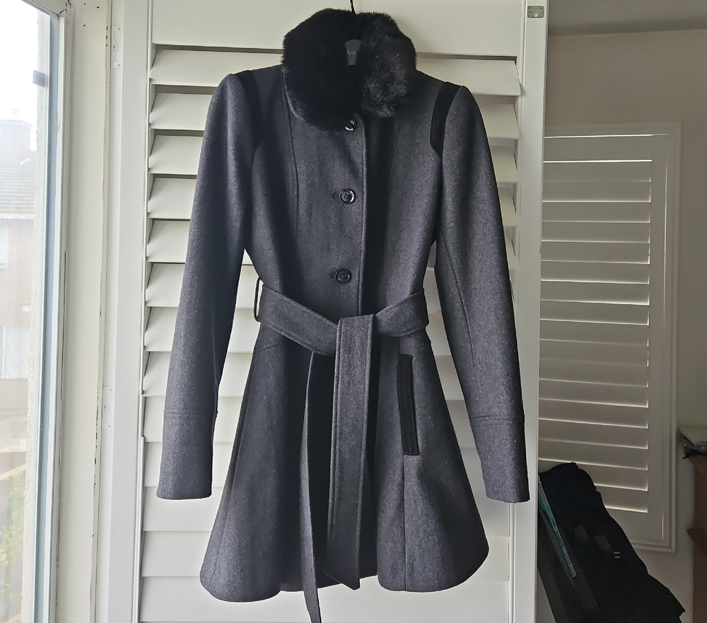 Laundry by Design Charcoal Trench Coat with Black Faux Fur Collar